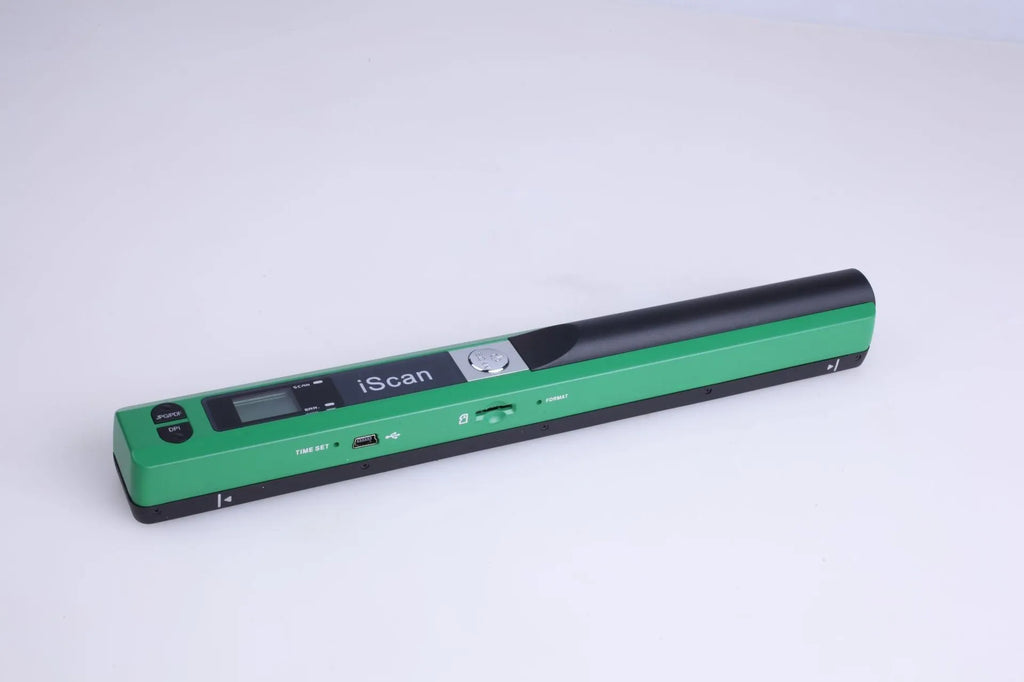A handheld plastic barcode scanner shown in black, blue, green, red, and silver colour variants