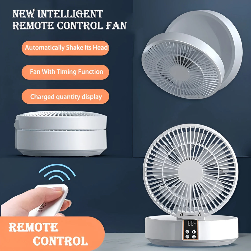 White remote control rechargeable USB folding fan with night light on desk