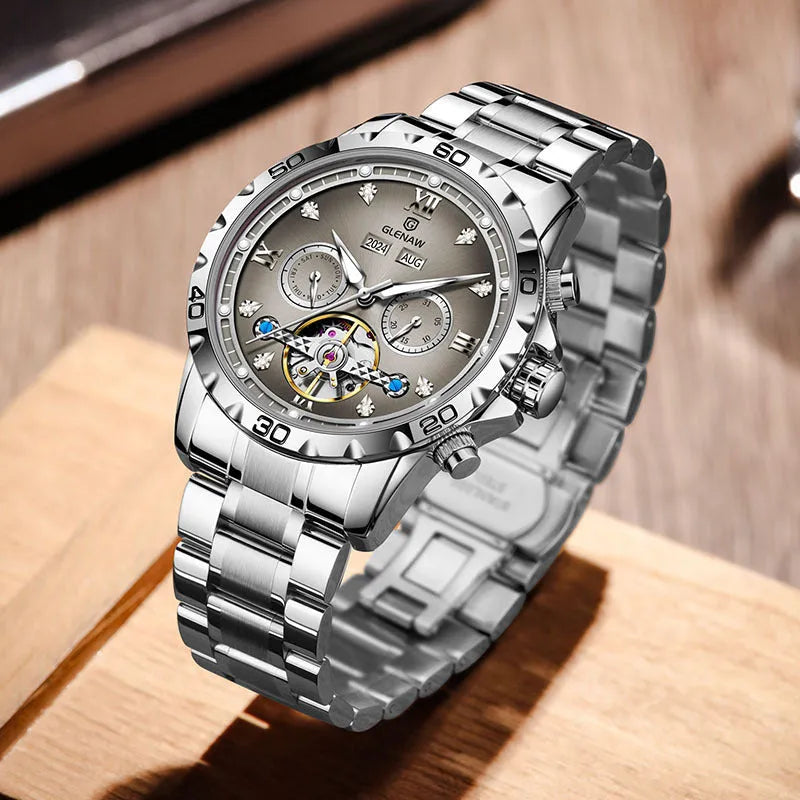 Men's automatic mechanical watch with mineral glass face and stainless steel strap in business style