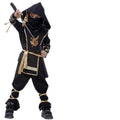 Black spandex children's Halloween ninja costume set with top pants armor mask belt headwear and bandages