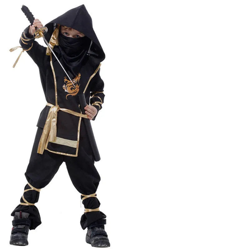 Black spandex children's Halloween ninja costume set with top pants armor mask belt headwear and bandages