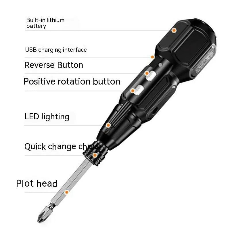 Alloy steel straight handle electric screwdriver with black finish and lithium battery