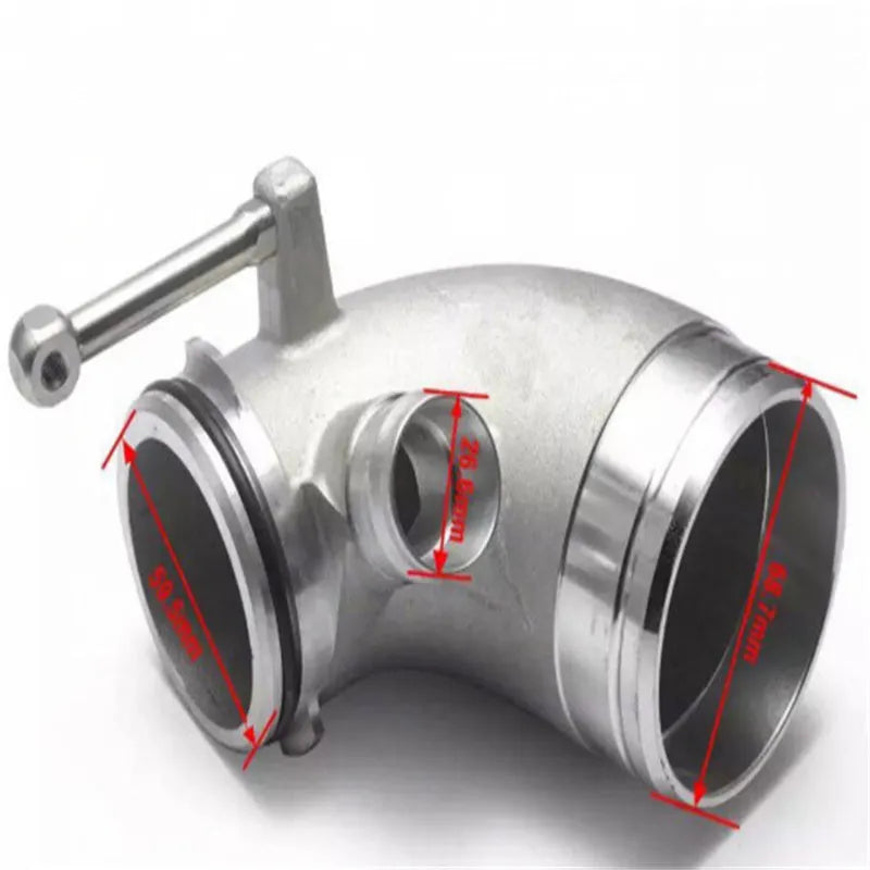 Red aluminium alloy 90-degree turbocharger elbow pipe for modified car engine bay