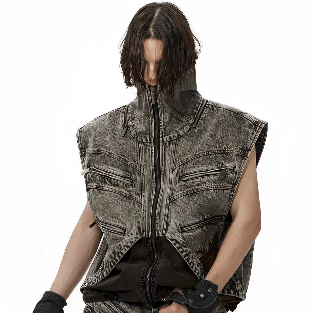 Men's splicing denim vest jacket with zipper front and sleeveless design for summer casual wear