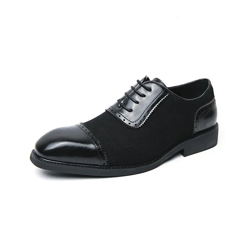 Men's thick-soled raised round toe lace-up business leather shoes in black with PU upper and rubber sole