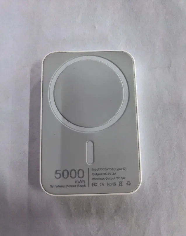 Portable magnetic wireless charger power bank with 5000mAh capacity in white PVC shell