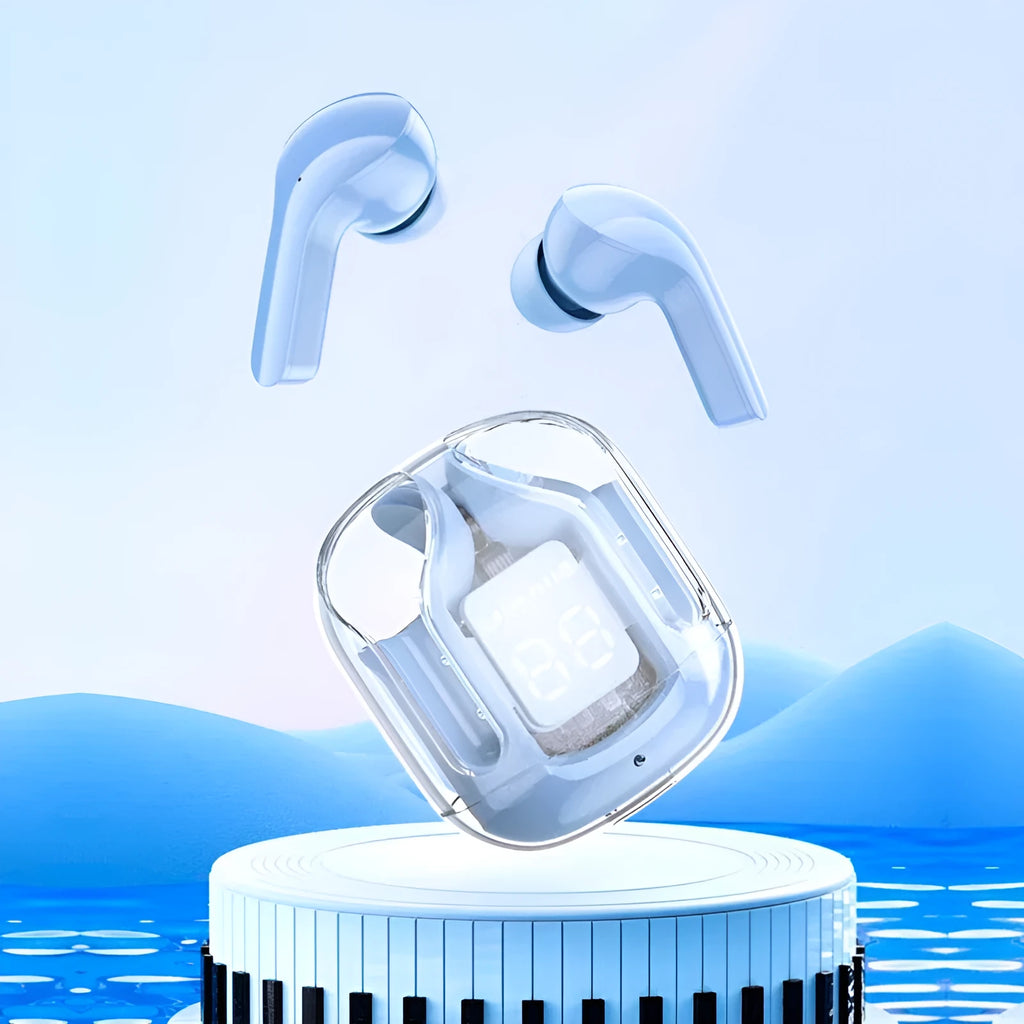 Transparent space capsule case true wireless Bluetooth headset with digital display screen in multiple colour options