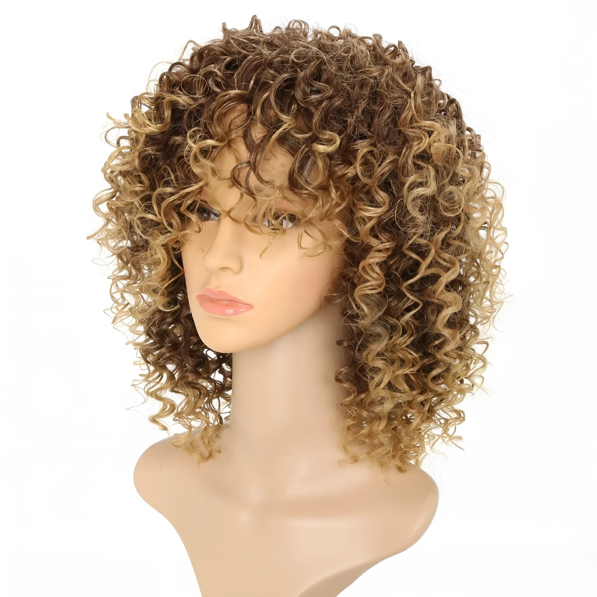 Light gold lace front wig with curly high temperature silk hair and elastic mesh cap