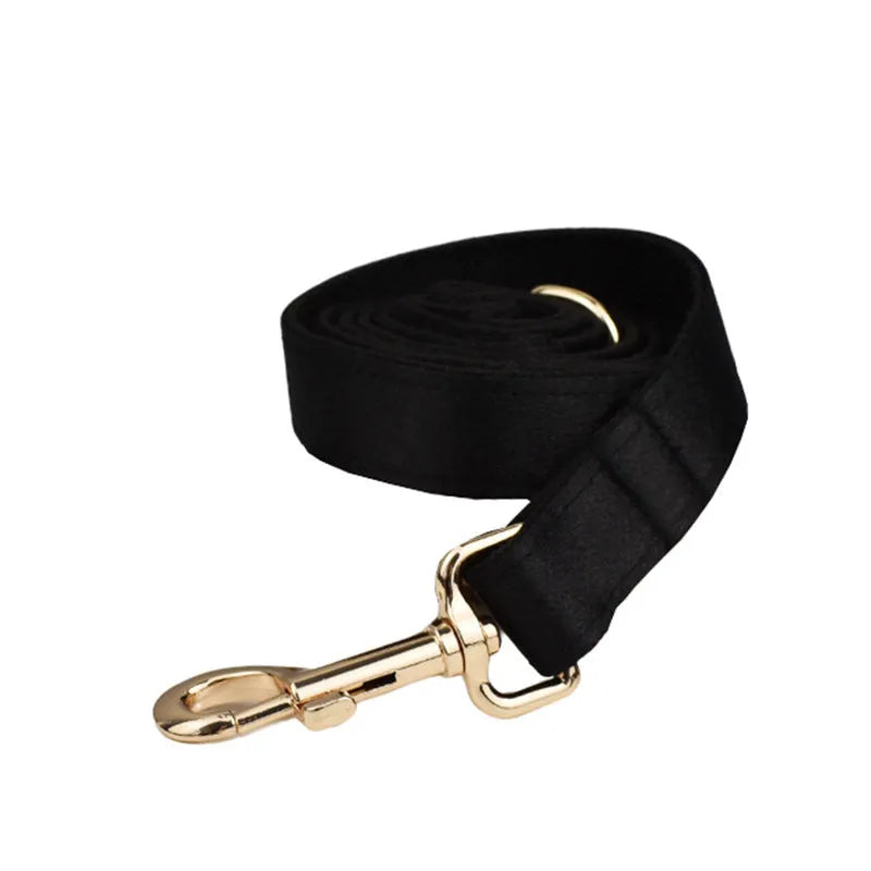 Complete dog walking set with cloth collar, leash, chest harness and bow tie accessory in multiple sizes