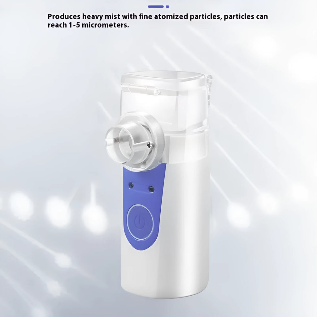 A white columnar handheld USB nebuliser for quiet household drug atomisation.