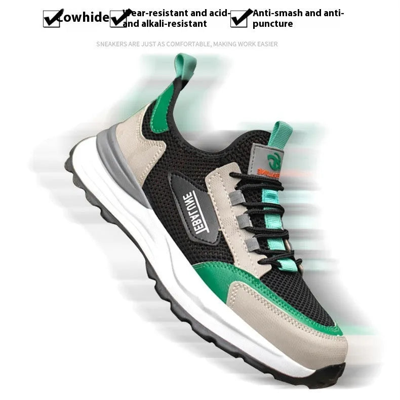 Black green mesh plastic steel toe safety shoes with flyknit upper and low-top design