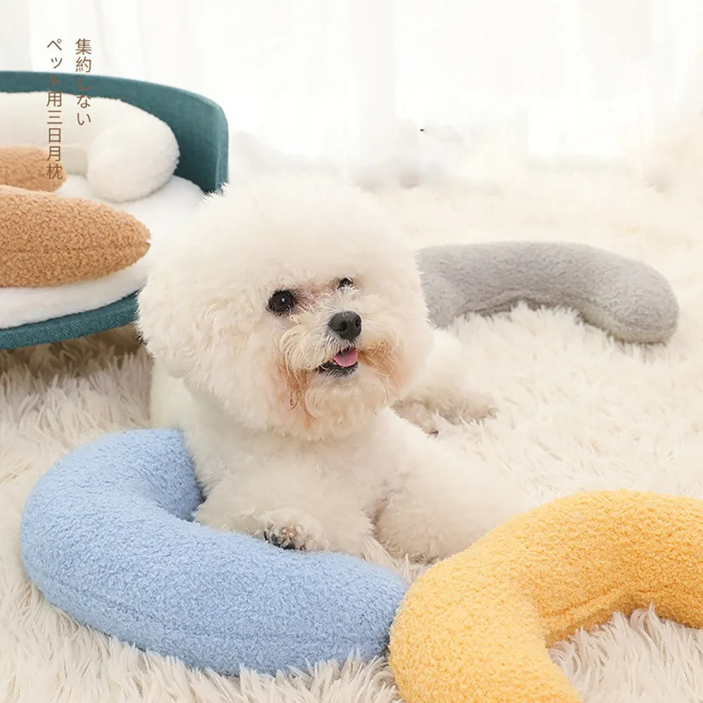 Blue U-shaped cat pillow with adjustable neck collar for ergonomic support