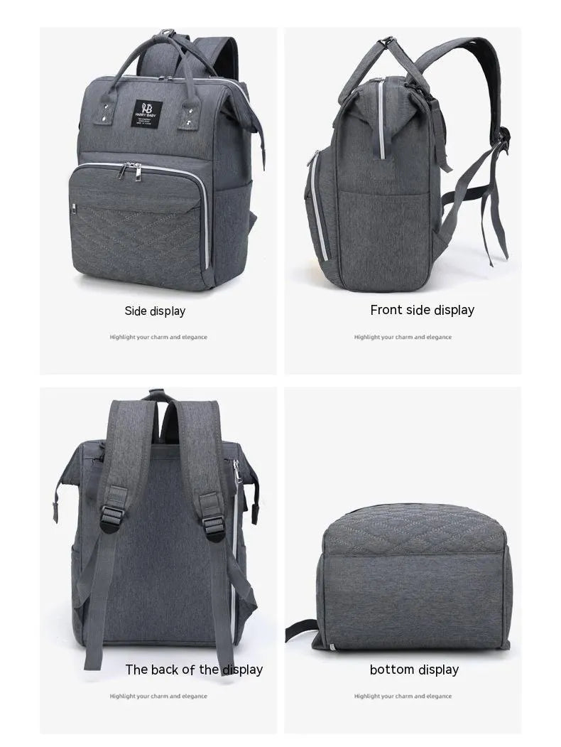 Large capacity USB rechargeable Oxford cloth baby diaper bag in blue with contrast grey trim, waterproof finish and double shoulder straps