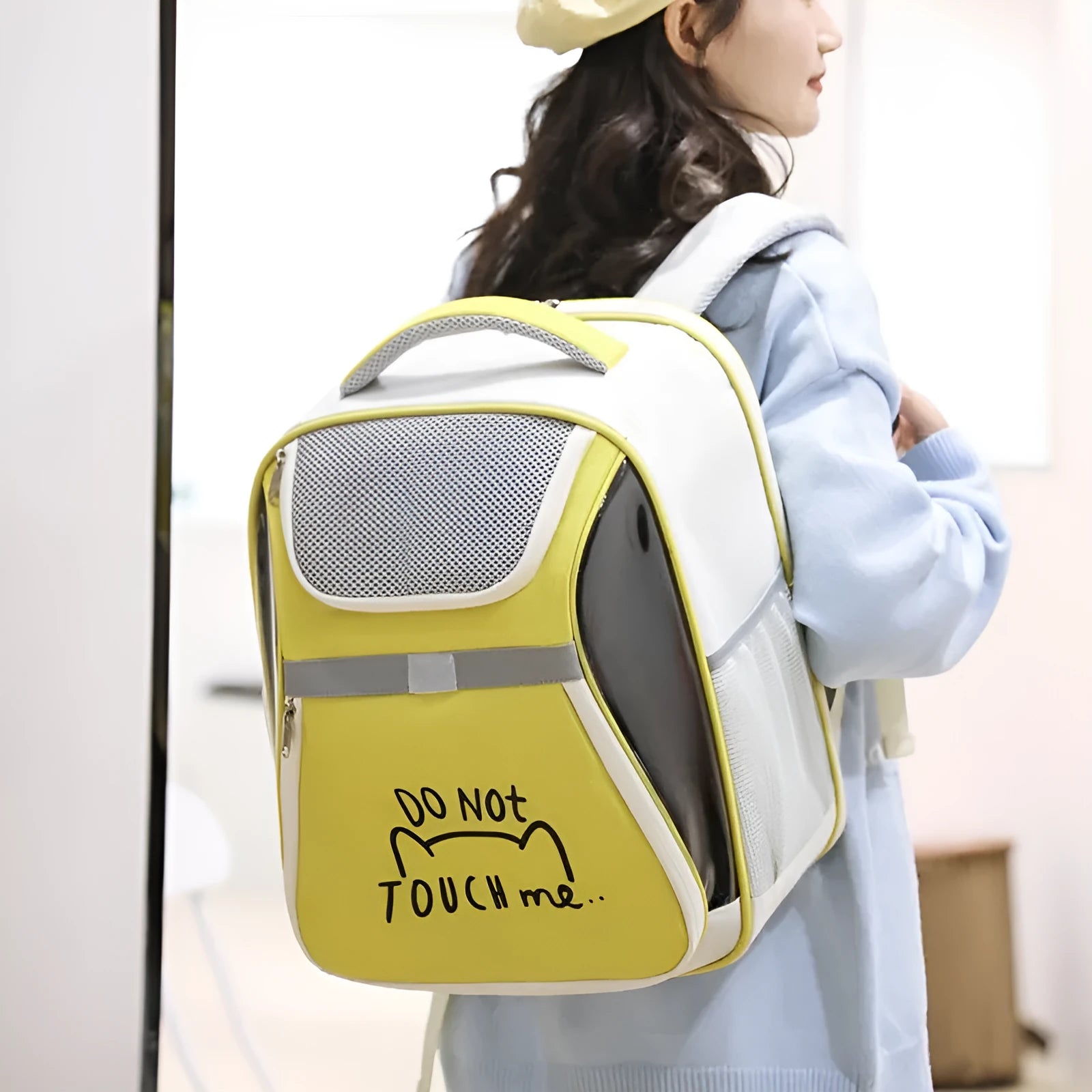 Expandable outdoor pet bag cat backpack portable carrier PVC Oxford contrast colour beige extended