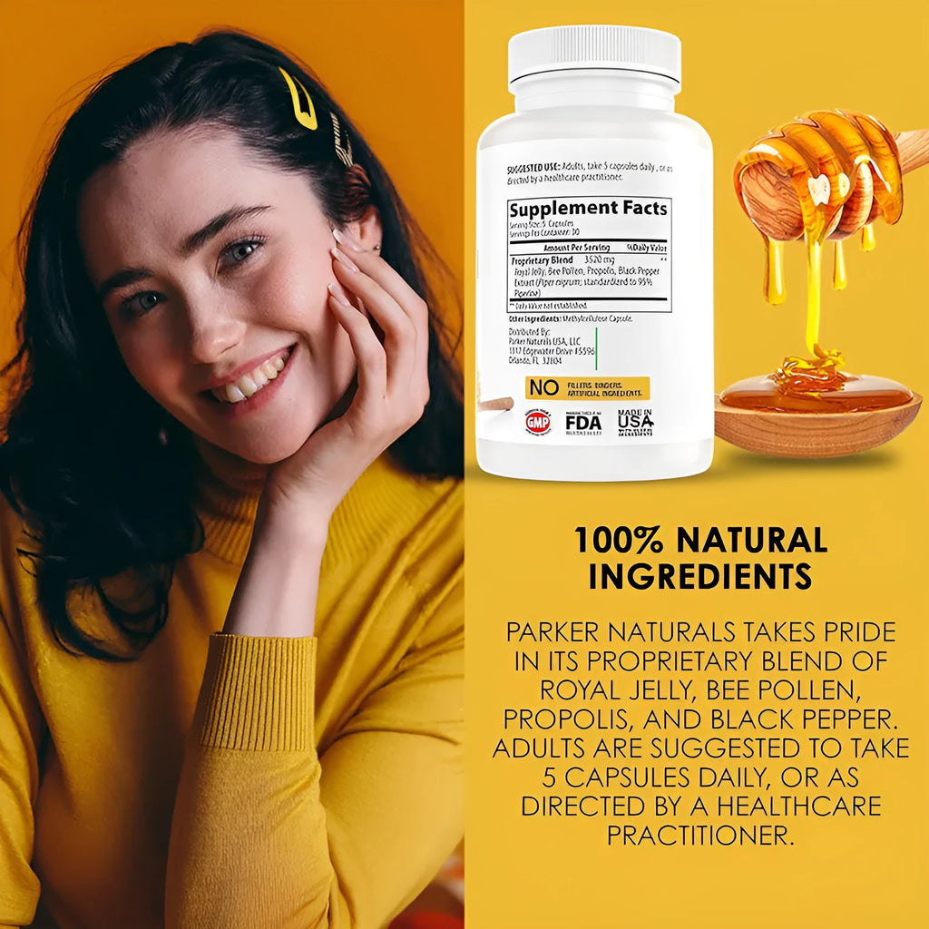 Bottle of royal jelly capsules showing 120 tablets packaging