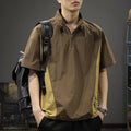 Men's brown half zip stand collar shirt with short sleeves and loose fit for summer business casual wear