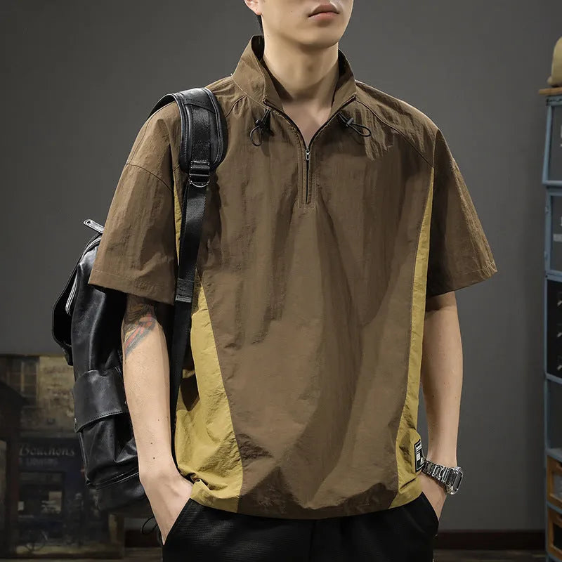 Men's brown half zip stand collar shirt with short sleeves and loose fit for summer business casual wear