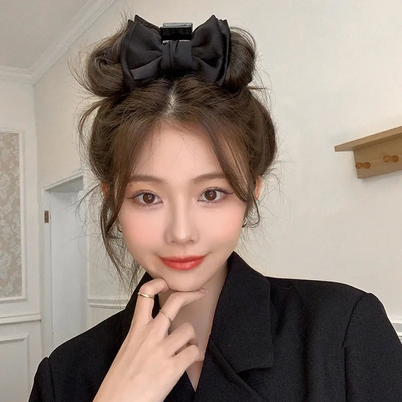 Plain colour XL bow ribbon hair claw grab clip cloth material black bow design