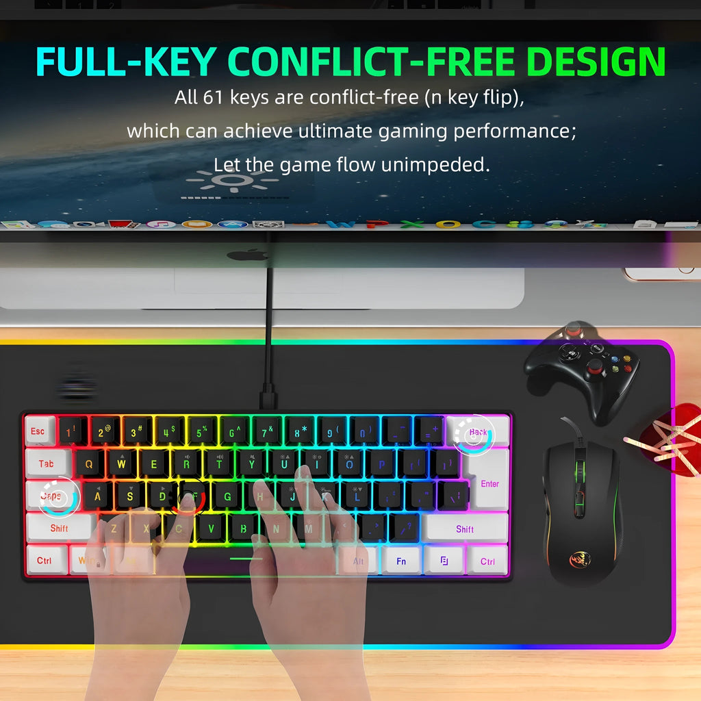White and black gaming keyboard and mouse combo with colour backlight on a desk.