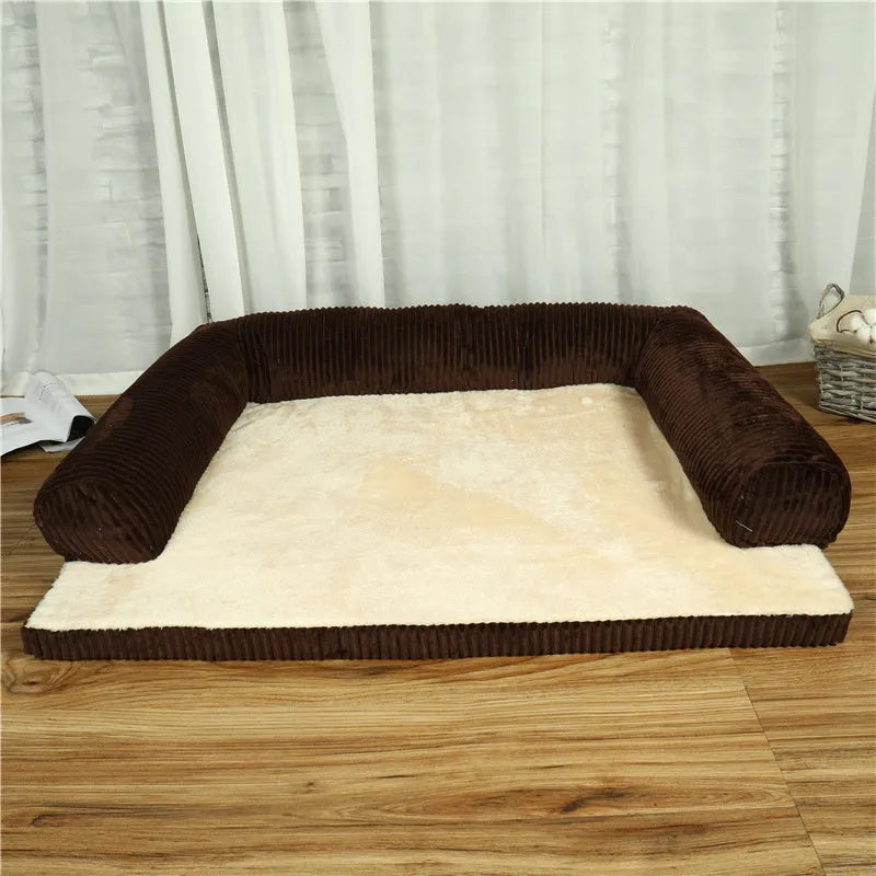 Corduroy pet dog sofa bed in grey colour with a bilateral bolster, shown on a wooden floor.