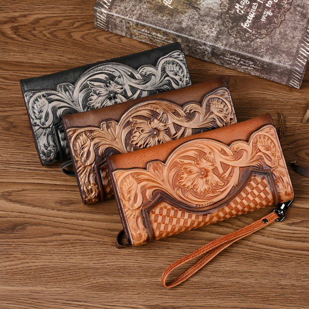 Chinese-style floral embossed tri-fold leather wallet in retro brown showing opened compartments