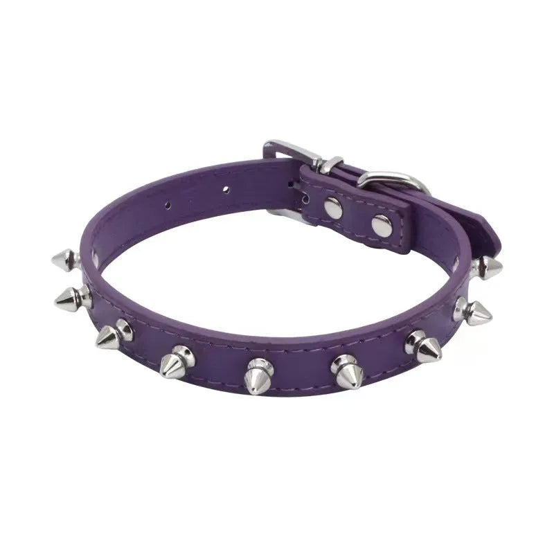 Studded dog collar in six colours with metal alloy fastener and thickened PU leather construction
