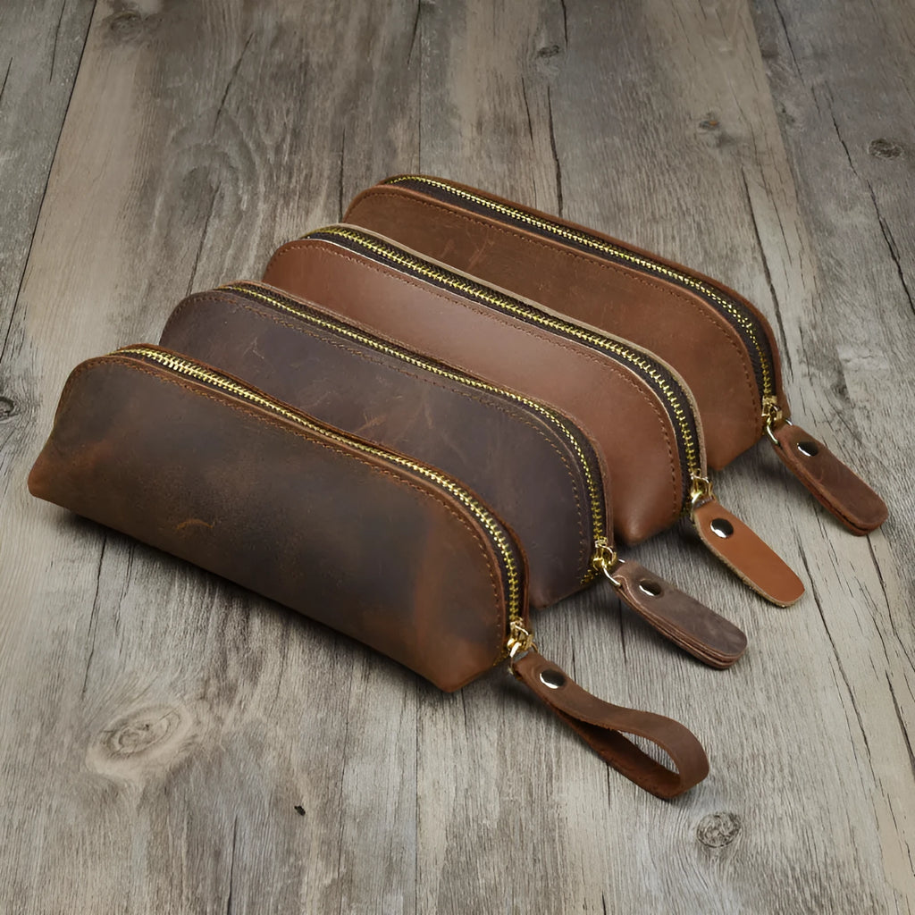 Genuine cowhide leather handmade pencil case with zip closure in black colour