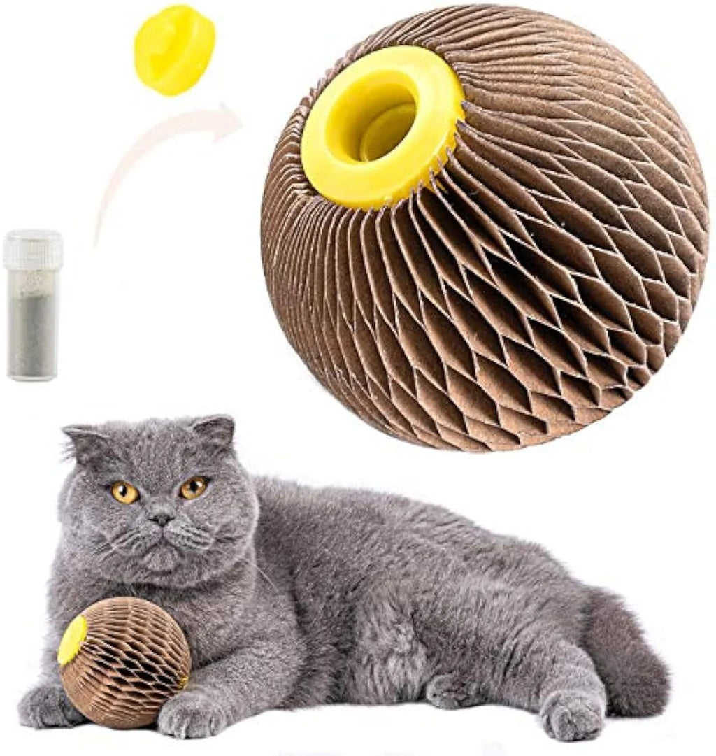 Brown refillable catnip ball toy for cats, 76mm corrugated paper scratcher with natural catnip