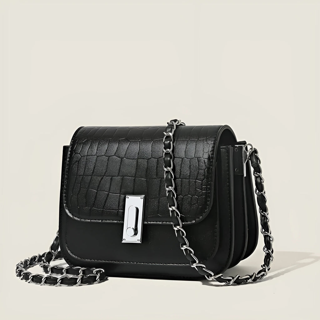 Women's black PU chain shoulder bag with horizontal square design showing mobile phone pocket