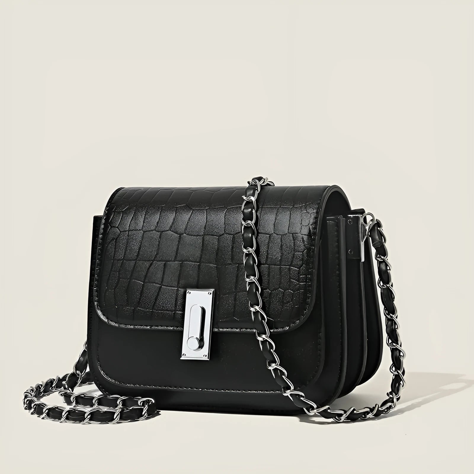 Women's black PU chain shoulder bag with horizontal square design showing mobile phone pocket
