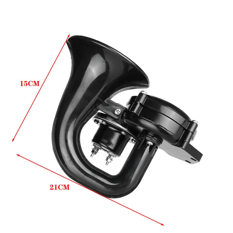 Black metal snail whistle truck horn with gas pipe joint for 12V-24V air source vehicles