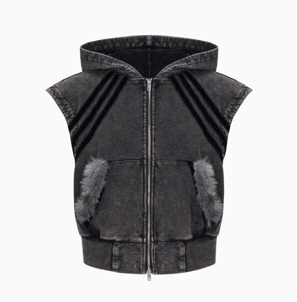 Stitching fur washed and worn sleeveless hooded tank top vest short Korean street style black and gray