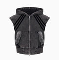 Stitching fur washed and worn sleeveless hooded tank top vest short Korean street style black and gray