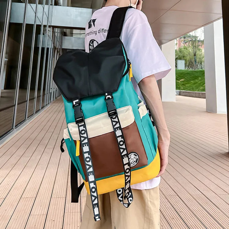 Oxford cloth backpack showing three carrying methods: handheld, shoulder, and backpack style