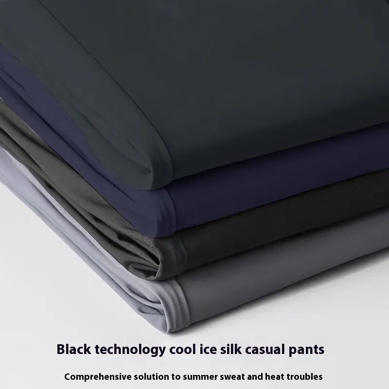 Men's black Ice Silk straight loose trousers with elastic waist for casual wear