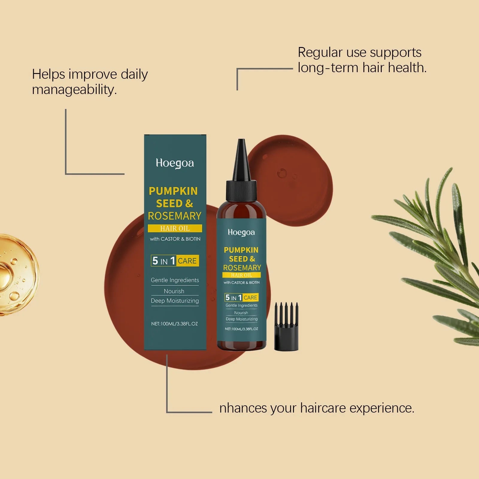 Rosemary essential oil hair care kit showing 100ml bottle with pointed nozzle and hair comb