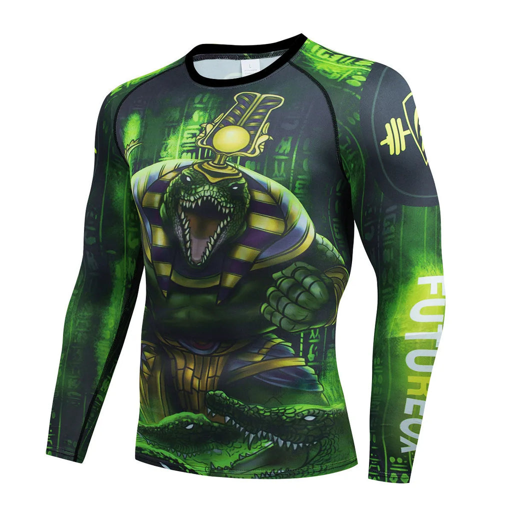 Man wearing a slim-fit, long-sleeve printed sports suit for running or fitness exercise.