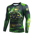 Man wearing a slim-fit, long-sleeve printed sports suit for running or fitness exercise.