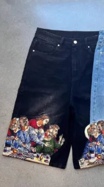 Blue men's tapered cotton shorts with a Jesus print design on the back pocket.