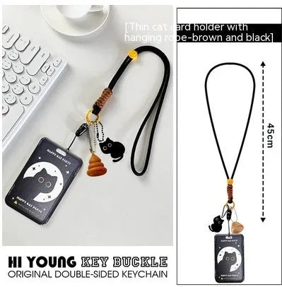 Cute black cat cartoon plastic card holder with a ferrule pendant for keys or bags.