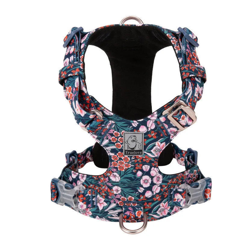 Floral pure cotton pet chest harness in flower red colour showing chest strap design