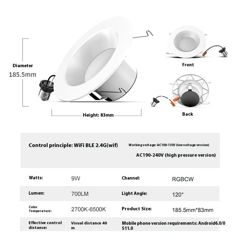 Smart WiFi Bluetooth RGBW colour changing ceiling lamp with remote control and mobile app display