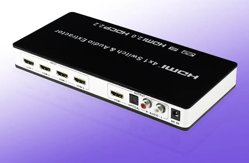 Black HDMI switch unit with four input and one output port, remote control, and power adapter.