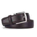 Men's black leather belt with a silver alloy pin buckle laid flat, showing its length and width.