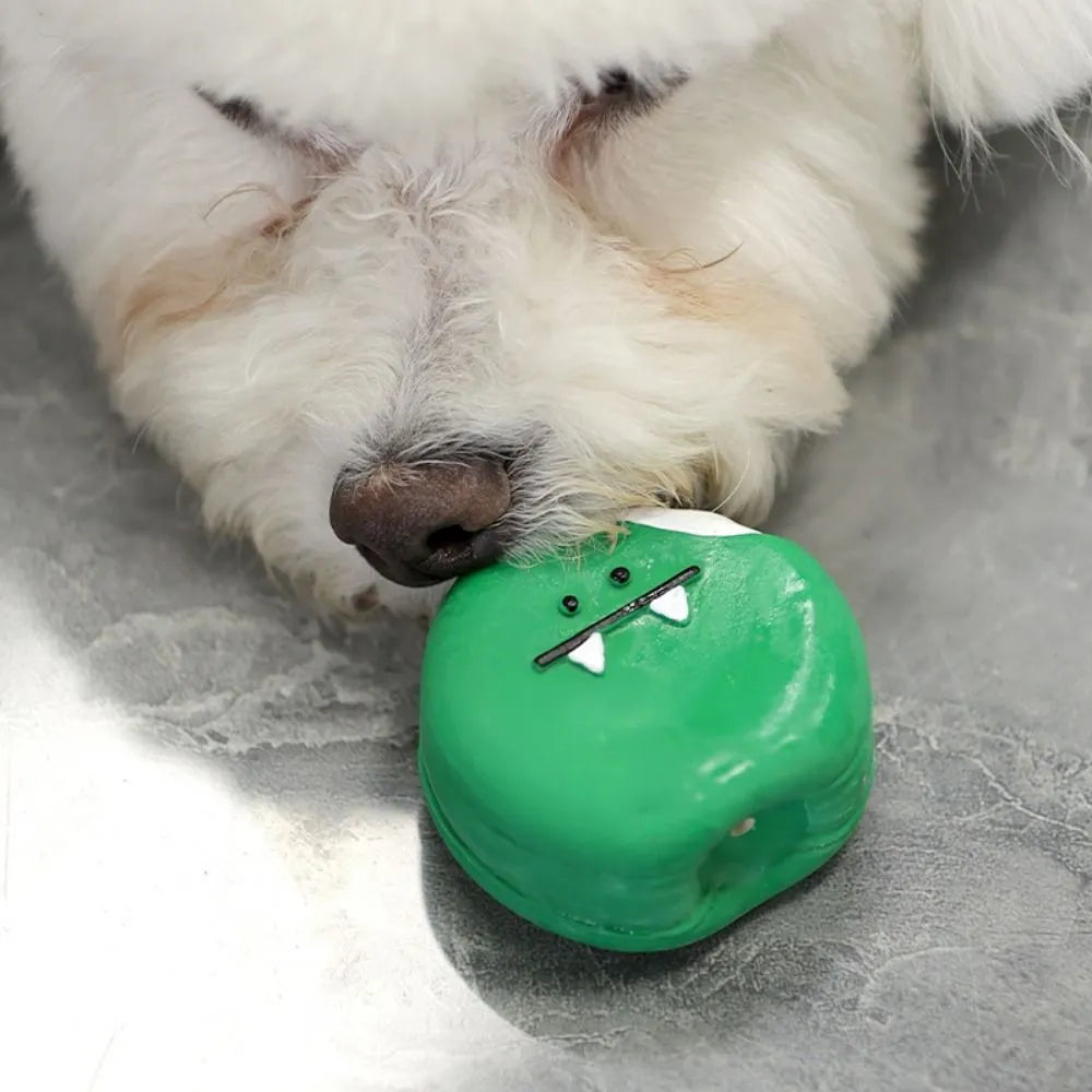 Yellow or green cartoon bread-shaped latex chew toy for dogs with a squeaker inside.