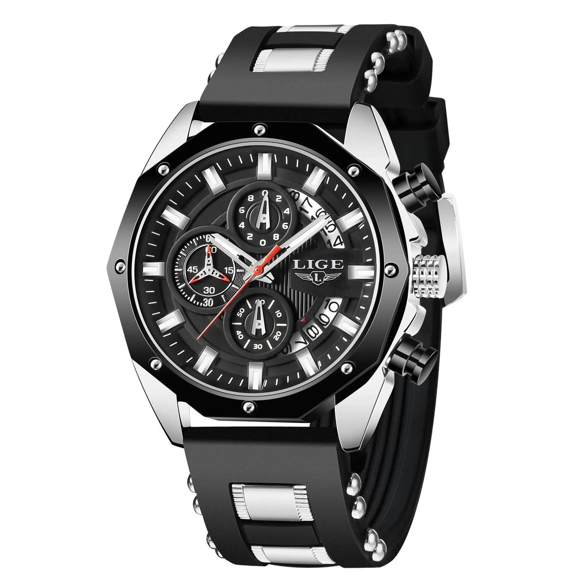 Lige LG8908 men's quartz sport watch with 46mm round dial, silicone strap, and luminous hands