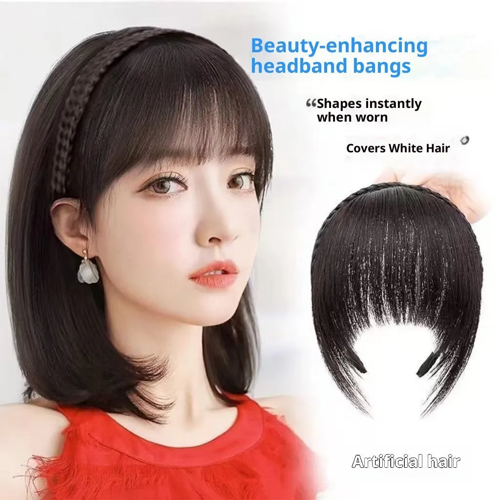 Bangs wig for women artificial twist braid high temperature fibre integrated hair band natural black with sideburns