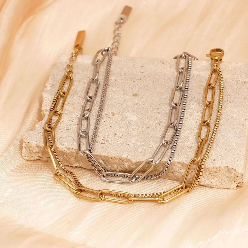 Double layer titanium steel women's bracelet in gold colour with geometric line design