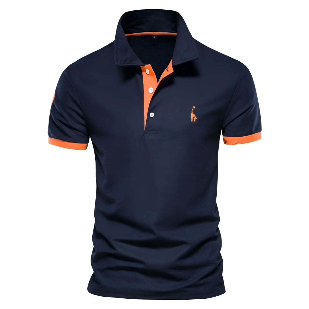 Men's slim fit deer embroidered short sleeve t-shirt on a white background.