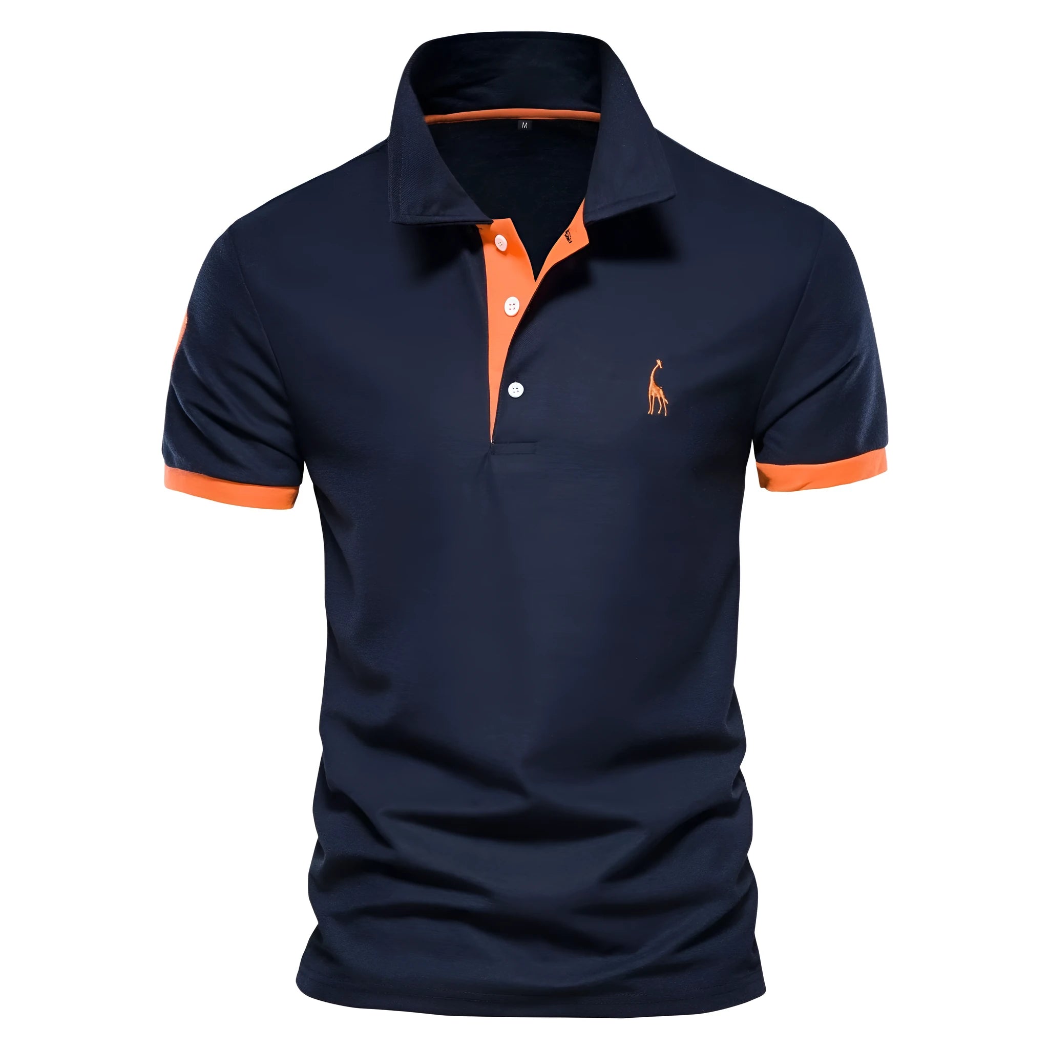 Men's slim fit deer embroidered short sleeve t-shirt on a white background.